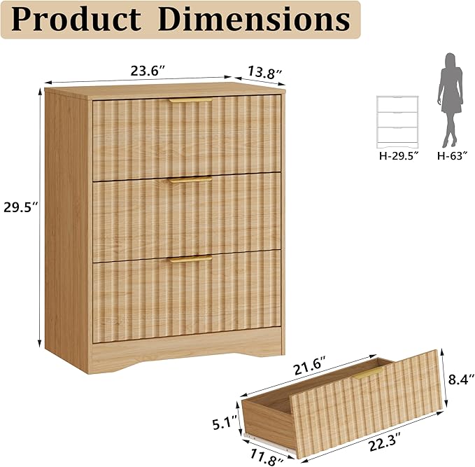 Fluted 3 Drawer Dresser for Bedroom, 30" Tall Modern Wood Dressers Chest of Drawers with Metal Handle, Large Nightstand End Table for Living Room, Closet, Entryway, Natural Oak