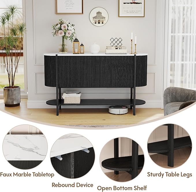 Console Table with Storage, Fluted Entryway Table with 2 Doors and Open Shelf, Long Sofa Table Behind Couch for Living Room, Hallway (Black)