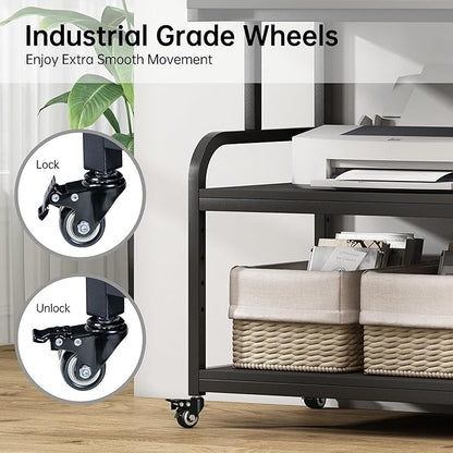 Fannova 32.3" x 18.9" Extra Large Printer Stand Table with Adjustable Storage Shelf, 3 Tier Rolling Printer Cart with Industrial Wheels for Home Office, Black