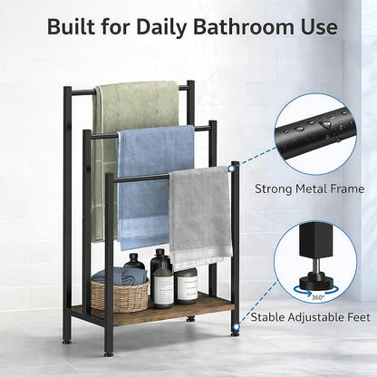 3 Tier Blanket Rack Stand, Freestanding Towel Rack with Wooden Shelf, 17.1" L x 11" W x 32" H, Quilt Display Stand for Bathroom, Bedroom, Living Room, Rustic Brown