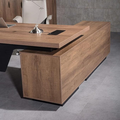 Retractable L-Shaped Executive Desk, Modern Office Desk with Drawers and Lateral File Cabinet, Large Computer Desk with Storage Shelves, Workstation for Home Office (Right Return, 86.6 - 94.5 IN)