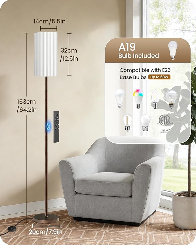 64.2” Dimmable Floor Lamp for Living Room with Remote and Foot Switch, Corner Floor Lamp for Bedroom, Includes 10W A19 Bulb, Modern Standing Tall Lamp, ETL Listed, Brown and White VCW17LD05