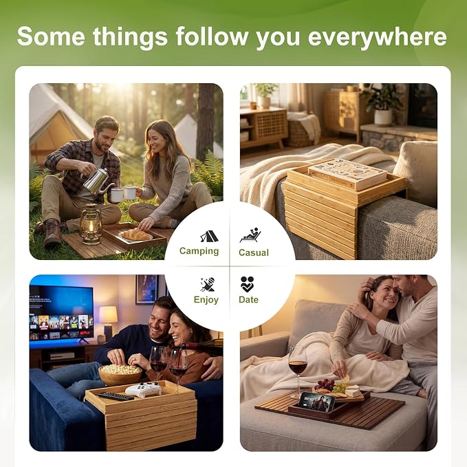 Sofa Arm Tray, Foldable Bamboo Couch Armrest Table with Large 12.5" x 5.8" Storage Compartment, Portable Chair Couch Caddy Arm Tray for Cup TV Snacks Phone