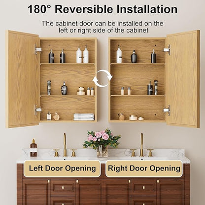 16x24 Inch Wood Medicine Cabinet with Mirror, Surface or Recessed Mounted Bathroom Cabinets with Adjustable Shelves, Soft-Close Hinges, Wall Mounted Cabinet for Storage, Oak-Grain