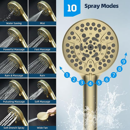 Hibbent All Metal CUPC Certified Shower Head, 10'' High Pressure Rainfall Shower Head, Handheld Showerhead Combo, 12'' Adjustable Extension Arm, 10 Sprays, 71'' Hose, Shower Holder, Brushed Gold