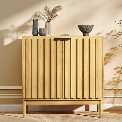 Fluted Cabinet with Storage, Buffet Cabinet Sideborad with 2 Doors, Natural Buffet Storage Accent Cabinets with Adjustable Shelves for Living Room, Entry, Hallway, Kitchen