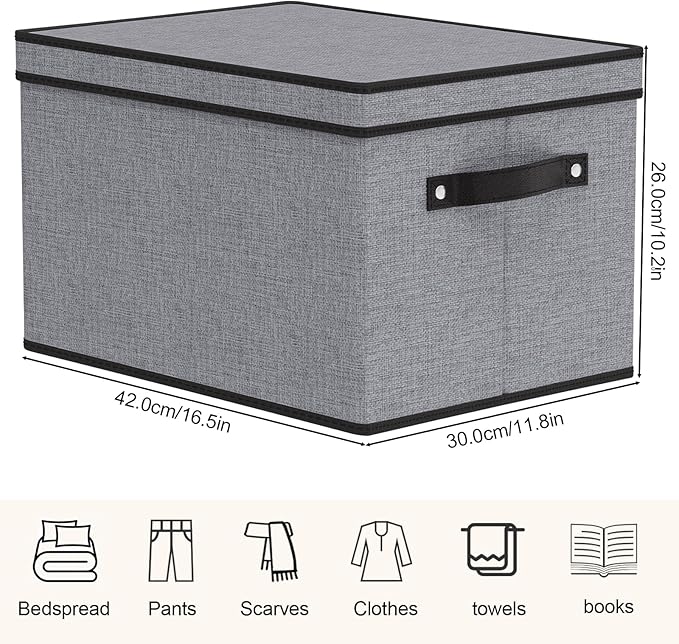 YheenLf Storage Boxes with Lids, Decorative Linen Storage Bins for Shelves, Fabric Closet Organizer with Handles, Gray, 16.5 x 11.8 x 10.2 Inch, 3-Pack