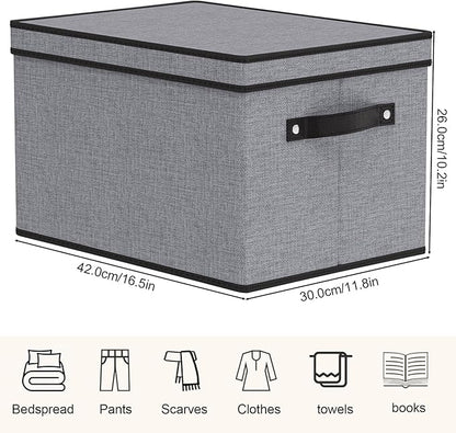 YheenLf Storage Boxes with Lids, Decorative Linen Storage Bins for Shelves, Fabric Closet Organizer with Handles, Gray, 16.5 x 11.8 x 10.2 Inch, 3-Pack