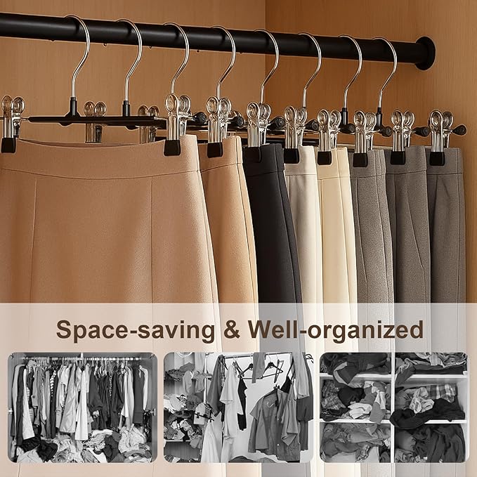 POZEAN Pants Hangers with Clips for Women 30 Pack, 12Inch Adjustable Heavy Duty Skirt Hangers, Space Saving Non-Slip Shorts Jeans Trousers Clothes Hangers, Black