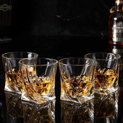 KANARS Whiskey Glasses Set of 4, 10 Oz Crystal Old Fashioned Cocktail Glass in Gift Box, Twisted Lowball Bourbon Tumbler for Scotch Whisky Cognac, Rock Barware for Men Gift Christmas