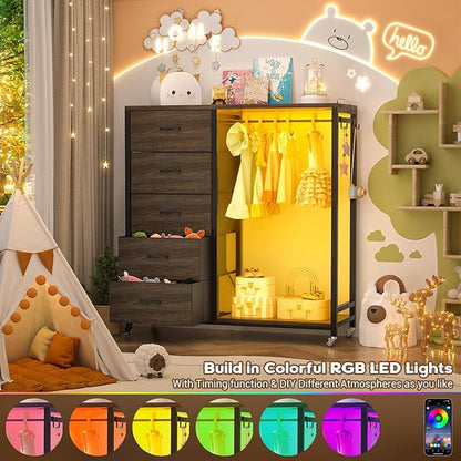Cyclysio Dresser with Hanging Rack, 5 Fabric Drawers Dresser with Clothes Rack, Wooden Top Storage Chest of Drawers with Charging Station & LED Lights, Lockable Wheels, Closet
