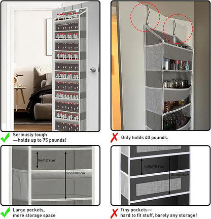 over the door organizer, Solid Bamboo Board (Not Plastic!) 6-Tier Heavy Duty 75LB, 12 Side Pockets, 3 Reinforced Hooks & Anti-Slip Pads, Waterproof & Washable, No Sagging, No Door Damage,Dusk Grey