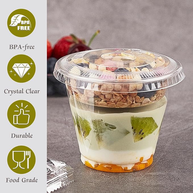 Zezzxu 50 Pack 9 oz Disposable Parfait Cups with Lids No Hole, Toppings Compartment and Spork, Yogurt Conatiner with Granola Holder for Take Away Breakfast and Snacks, No Leaking