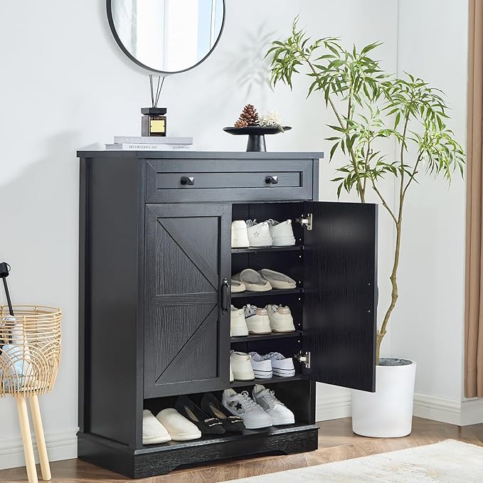 SOOWERY Shoe Cabinet with Drawer, Farmhouse Shoe Storage Cabinet with Doors, 5 Tiers Narrow Shoe Organizer for Entryway, Foyer, Hallway, Black