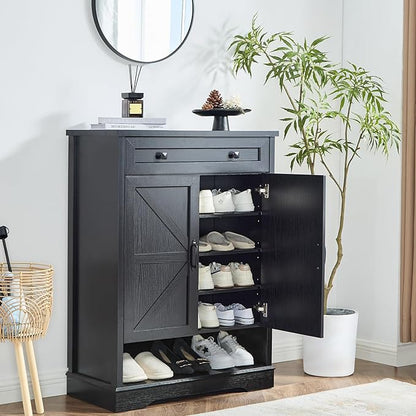 SOOWERY Shoe Cabinet with Drawer, Farmhouse Shoe Storage Cabinet with Doors, 5 Tiers Narrow Shoe Organizer for Entryway, Foyer, Hallway, Black