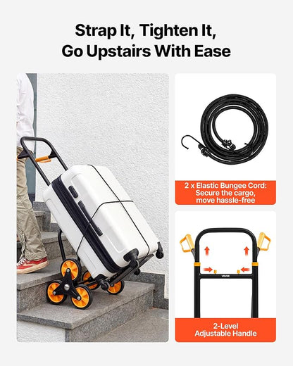 VEVOR Stair Climbing Cart, 770 lbs Stair-Climbing Capacity, Heavy-Duty Folding Trolley Cart with Telescoping Handle, 6 Wheels and 2 Bungee Cords, Stair Climber Dolly for Home, Groceries, Warehouse