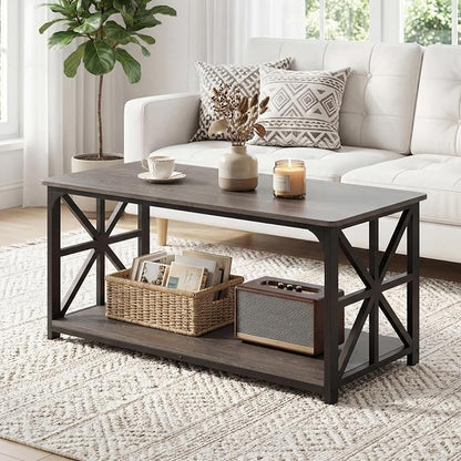 Giantex Farmhouse Coffee Table, 43" Center Table with Storage & X-Shaped Frames, 2-Tier Modern Accent Cocktail Tea Table, Rectangular Wooden Living Room Tables for Small Spaces, Grey Oak