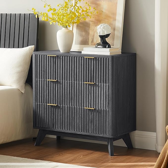 T4TREAM Fluted 3 Drawers Nightstand, Oversized Extra Large Modern Side Table, End Table Bedside for Bedroom, Living Room, Curved Profile Design, Dark Alder