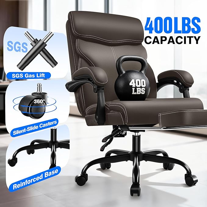 Office Chair - Ergonomic Comfortable High Back Computer Desk Chair with Foot Rest - Executive Breathable Swivel Rolling Reclining Leather Chair with Lumbar Support for Home Gaming Relaxing