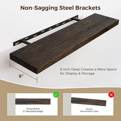 Dreamland 72 inch Floating Shelves for Wall Solid Elm Wood Wall Mounted Shelves|Rustic Long Floating Shelves with Invisible Bracket for Bathroom Living Room Kitchen|Walnut, 1 Pack