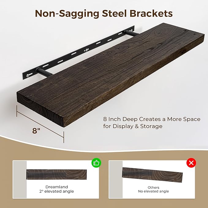Dreamland 24 Inch Floating Shelves, Rustic Elm Wood Wall Shelf for Home Decor, 8 Inch Deep Floating Shelf for Wall, 24 x 8 Bathroom Shelves Set of 2, Walnut Color