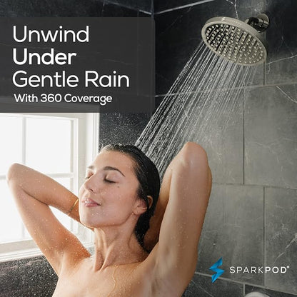 SparkPod Rain Shower Head, 8 Inch Round | High Pressure Shower Heads, 90 Nozzle (Touch-to-Clean), Adjustable Showerhead, No-tool Universal Connection