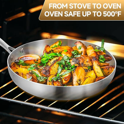 Inqibee 8.5-12 Inch Tri-Ply Stainless Steel Frying Pans Set with Lids Skillets, Induction Cooking Pans, Pots and Pans Set, Dishwasher and Oven Safe, Detachable Handle