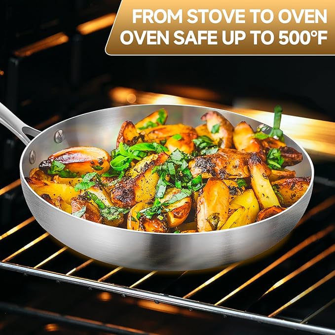 Inqibee 9.5-10 Inch Tri-Ply Stainless Steel Frying Pan Set of 2, Skillets, Induction Cooking Pan, Pots and Pans Set, Dishwasher and Oven Safe