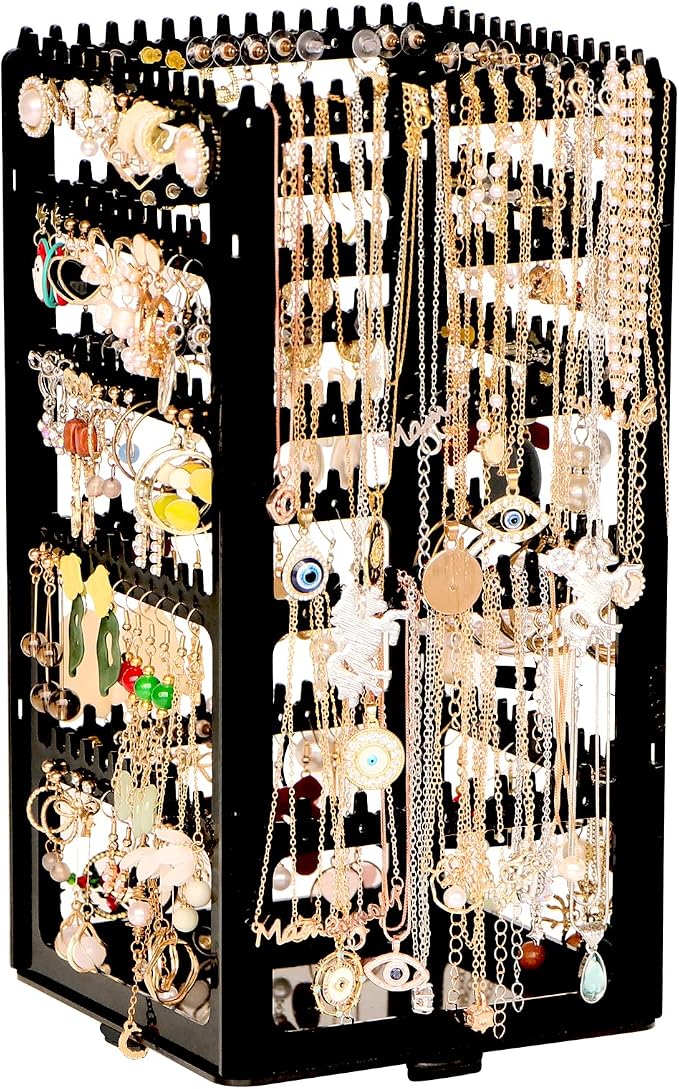 17Dec 360 Rotating Earring Holder Organizer Stand,5 Tiers Acrylic Jewelry Organizers and Storage,Stud Earring Organizers and Storage,212 Holes and 212 Grooves for Earrings Necklaces chain bracelet