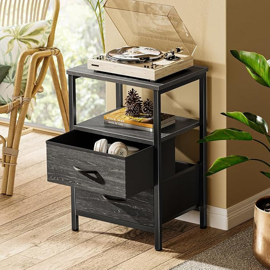 Huuger Night Stand Set of 2, Nightstand with 2 Drawers, Bed Side Table with Open Shelf, Wooden Top, End Table, Fabric Drawer with Charcoal Black Wood Grain Print, for Bedroom