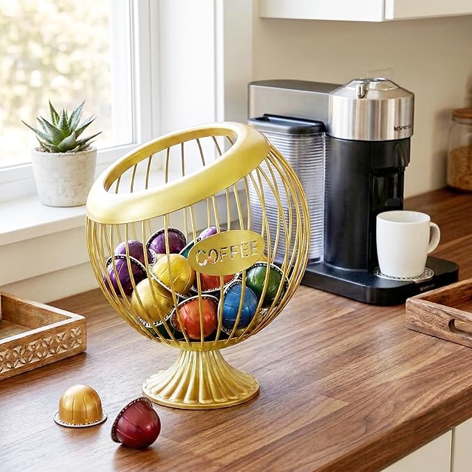 AIYICIII Tall Coffee Pod Holder with Base - Large Capacity Keurig K-Cup & Nespresso Vertuo Organizer, Metal Coffee Pod Storage, Coffee Bar Accessories and Decor (Tall - Gold)