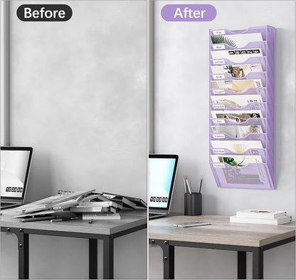 EasyPAG 10 Pocket Mesh Wall File Organizer, Hanging Paper Folder Holder with Classify Label, Vertical Wall Mount Mail Organizer for Office Home Classroom, Purple