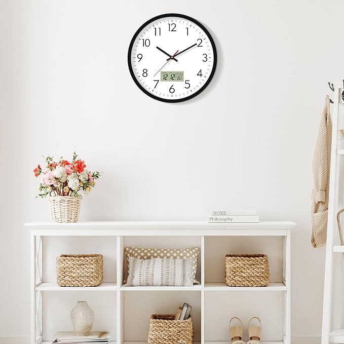 Lumuasky Wall Clock Digital 12" Non-Ticking Silent Battery Operated Analog with LCD Display for Perpetual Calendar and C° Temperature, Ideal Modern Home, Bedroom, Kitchen, Office Decor