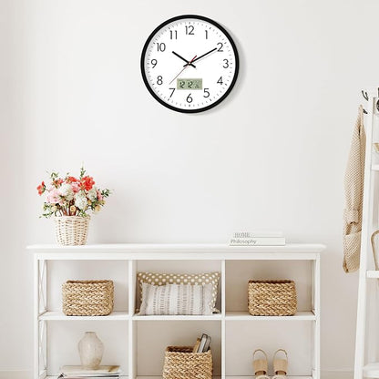 Lumuasky Wall Clock Digital 12" Non-Ticking Silent Battery Operated Analog with LCD Display for Perpetual Calendar and C° Temperature, Ideal Modern Home, Bedroom, Kitchen, Office Decor