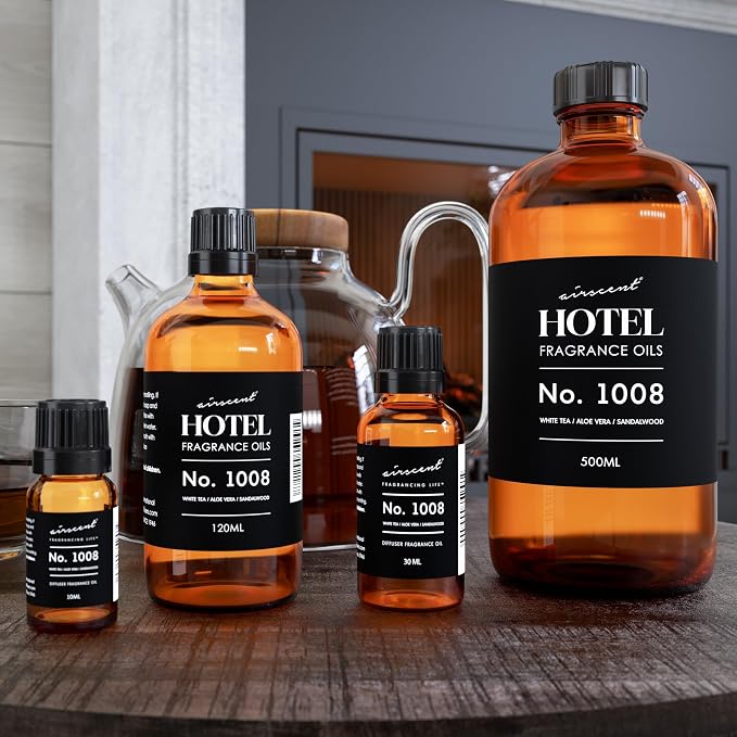 AirScent Hotel Diffuser Oil No. 1008 - White Tea, Aloe Sandalwood - 30 mL | Hotel Scent Dupe - Premium Fragrance Oil for Ultrasonic and Waterless Diffusers and Crafting - 1 fl oz Dropper Bottle