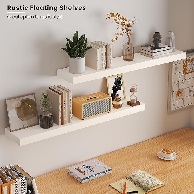 Vivelove Wooden Floating Shelves for Wall 36” x 8”x 1.4”, Solid Wood Shelf with Invisible Brackets, Deep Wall Shelves for Bathroom, LivingRoom, Kitchen, Bedroom, Modern Home Decor, Set of 2 - White