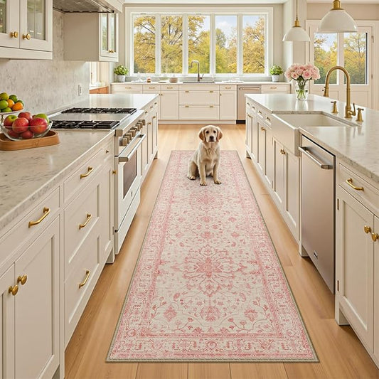 RELEANY Area Rugs Runner 2'x8' Washable Non-Slip, Floral Vintage Distress Medallion Carpet for Kitchen Hallway Bedroom Beside Laundry Room Bathroom, Pink Light Vintage Pink