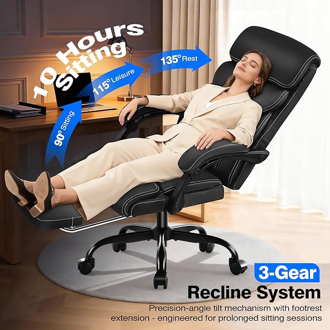 Office Chair - Ergonomic Comfortable High Back Computer Desk Chair with Foot Rest - Executive Breathable Swivel Rolling Reclining Leather Chair with Lumbar Support for Home Gaming Relaxing