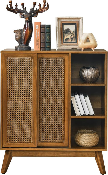 LKTART Mid Century Modern Storage Cabinet with Rattan Sliding Doors and Open Shelves, Boho Style Wooden Sideboard Buffet for Living Room,Light Walnut