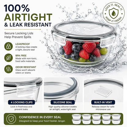 Sorbus Glass Meal Prep Containers Set, 8 Pack Round Borosilicate Glass Containers 32.7oz / 970ml, Airtight Vented Lids, Leakproof, BPA Free, Oven Microwave Freezer Dishwasher Safe, Stackable, 7x3 in