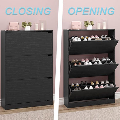 BORNOON Shoe Storage Cabinet with 3 Flip Drawers,Narrow Shoe Rack Cabinet,Freestanding Organizer Storage for Entryway, Hallway, Black