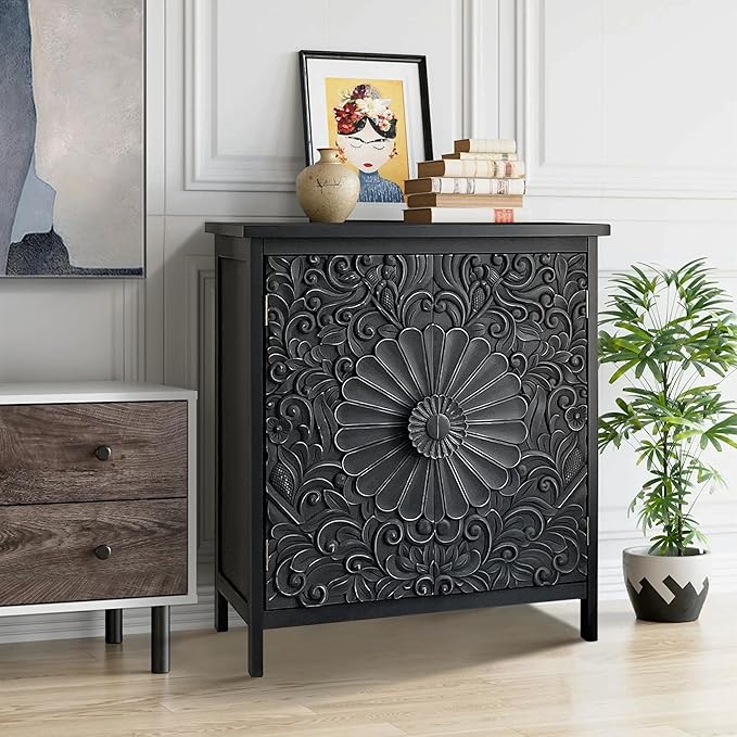 Sophia & William 2-Door Accent Cabinet, Distressed Storage Cabinet with 2 Carved Doors and Wooden Frame for Entryway, Living Room, Black