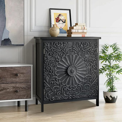 Sophia & William 2-Door Accent Cabinet, Distressed Storage Cabinet with 2 Carved Doors and Wooden Frame for Entryway, Living Room, Black