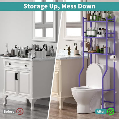 3-Tier Over The Toilet Storage Organizer, Space-Saving Bathroom Rack with Paper Holder & 4 Hooks, 64" Tall Freestanding Carbon Steel Shelf for Small Apartment Laundry Room (Purple)