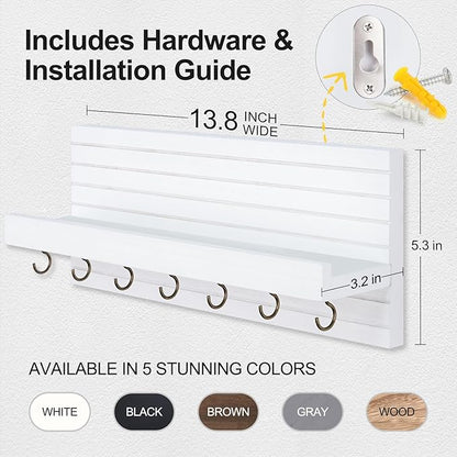Decorative Key Holder for Wall with Shelf, Entryway Shelf with Hooks Holds Leashes, Jackets and Glasses – Sturdy Wood Keyholder Entrance Hanger with Mounting Hardware (White, Large)