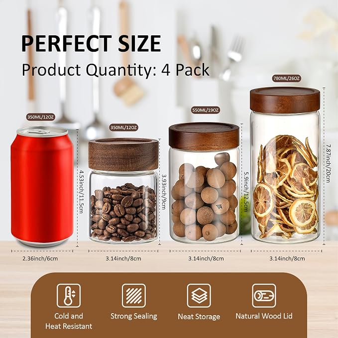 12 oz/350 ml Clear Glass Storage Canister with Airtight Wooden Lid, Small Overnight Oats Containers, Cute Decorative Salad Jar for Snacks Yogurt Spice Sugar Cereal Fruit Coffee Tea -4 Pack