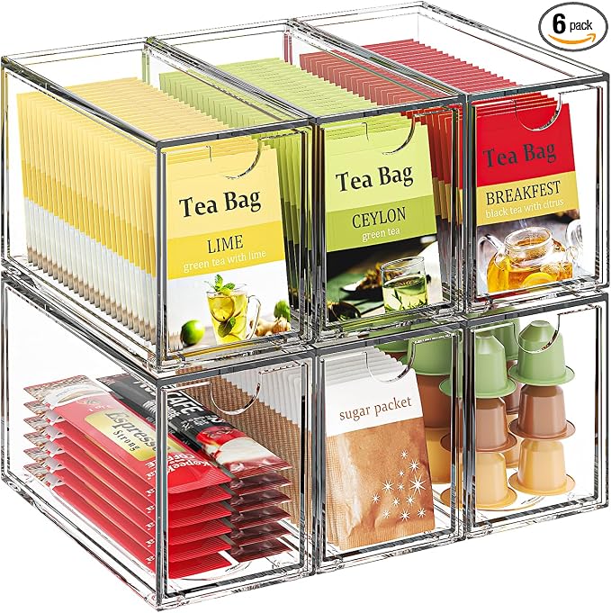 6 Pack Tea Bag Organizers, Clear Tea Packet Storage Bins for Pantry Countertop, Tea Station, Kitchen Cabinet, Stackable Teabag Holder Acrylic Drawer Organizer for Coffee Pods, Spice & Sugar Packets