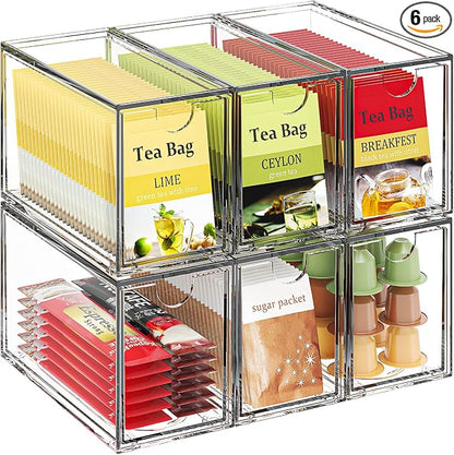 6 Pack Tea Bag Organizers, Clear Tea Packet Storage Bins for Pantry Countertop, Tea Station, Kitchen Cabinet, Stackable Teabag Holder Acrylic Drawer Organizer for Coffee Pods, Spice & Sugar Packets