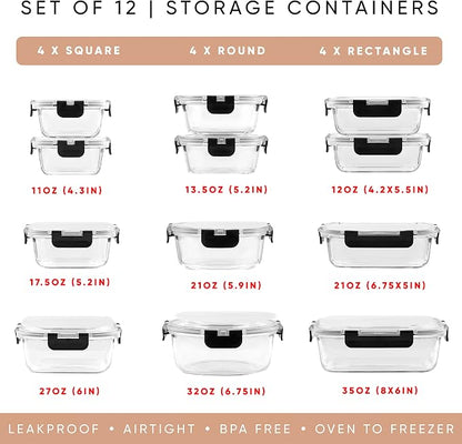 JoyJolt 24pc Borosilicate Glass Storage Containers with Lids | 12 Airtight/Freezer Safe Food Storage Containers for Pantry and Kitchen | Meal Prep Container for Lunch | Glass Tupperware Set