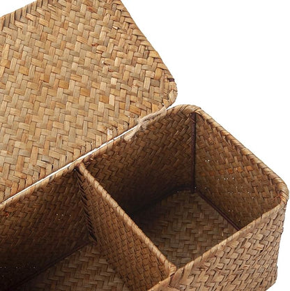 DOKOT Seagrass Woven Storage Basket with Lid, Rectangular Narrow Tampon Toilet Tank Organizer